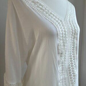 Solitary Swim White Beach Cover-Up Dress With Crochet And Fringe Sleeves - US S